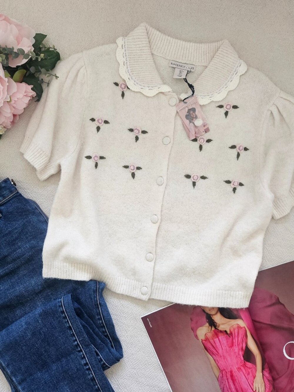 Sincerely Jules Floral Embroidered Knit Short Sleeve Cardigan NWT Large